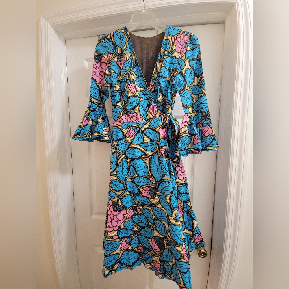 African Print Floral Wrap Dress in Blue and Pink